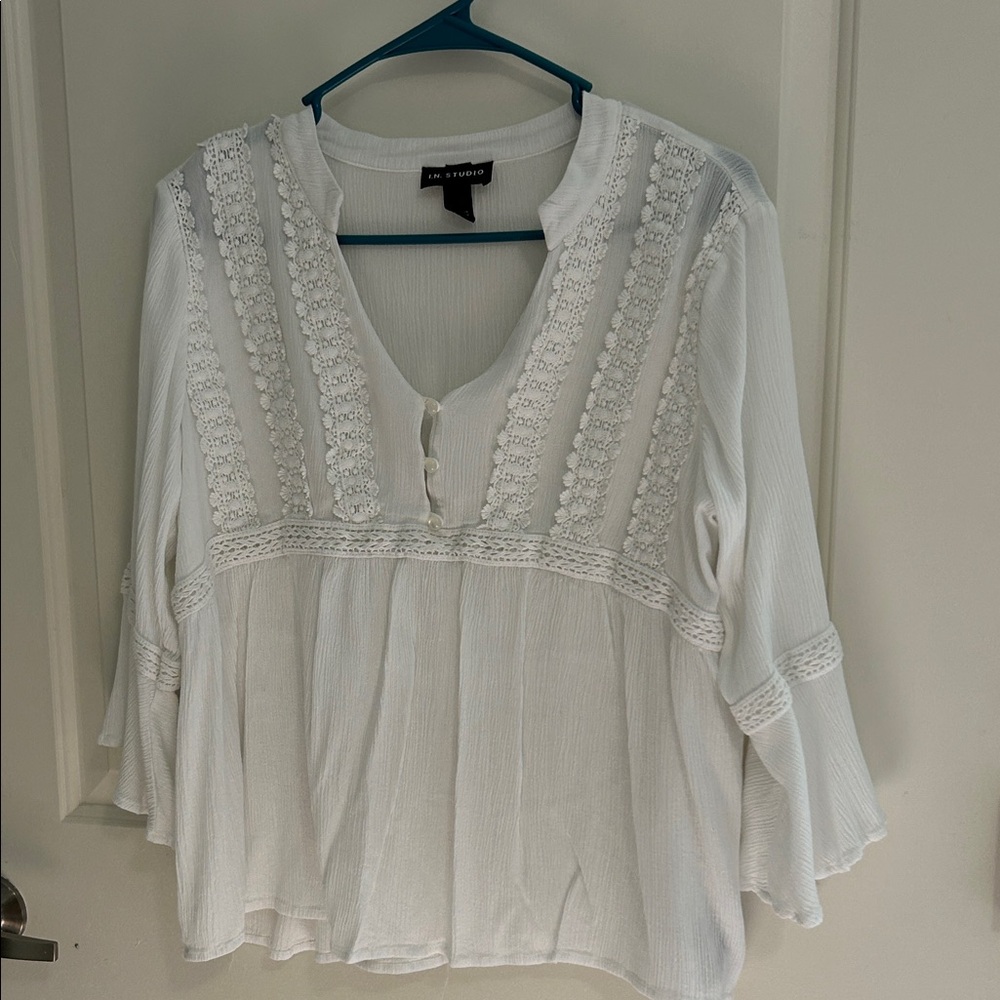 White Textured Blouse with Lace Accents